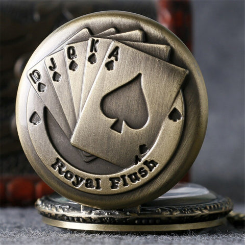 Classic Retro Engraved Royal Flush Antique Bronze Poker Pocket Watch